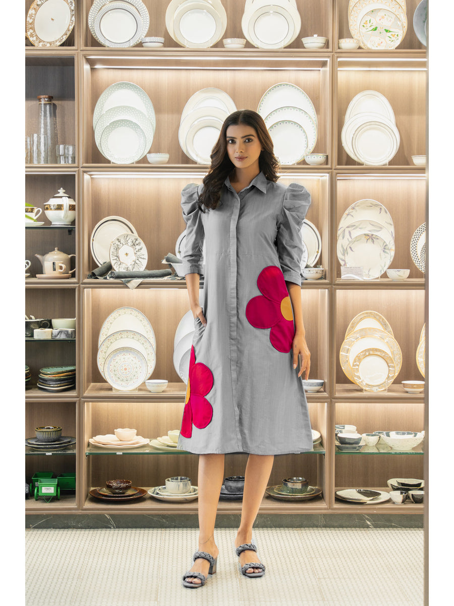 Elegant Grey Dress with Pink Floral Accents – Weavllite