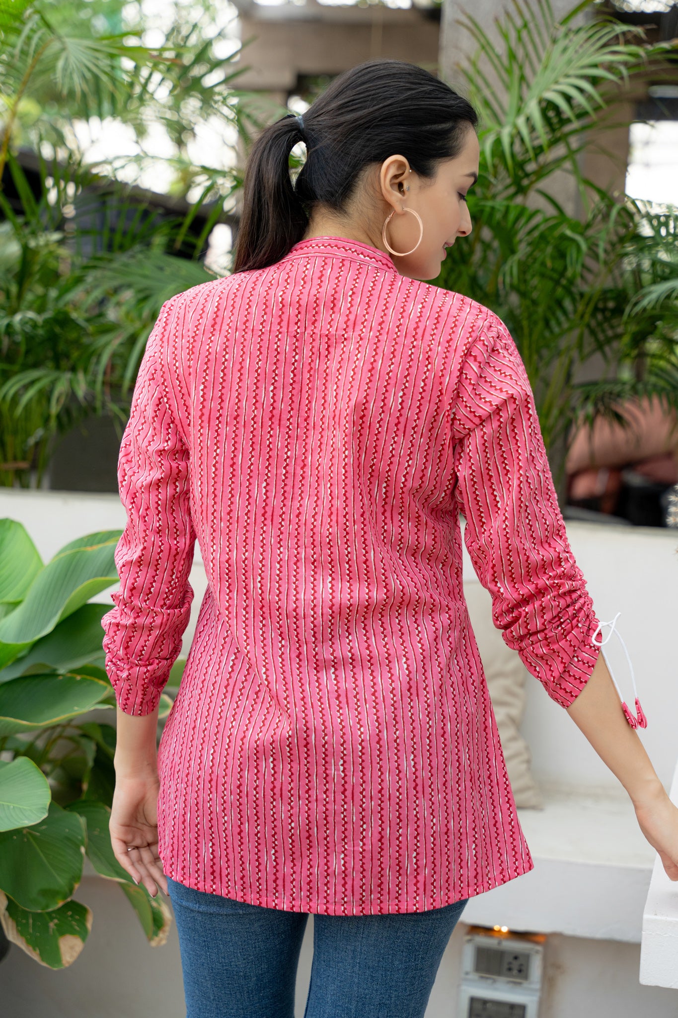 Weavllite Women's Pink Cotton Cambric Stripe Print Tunic