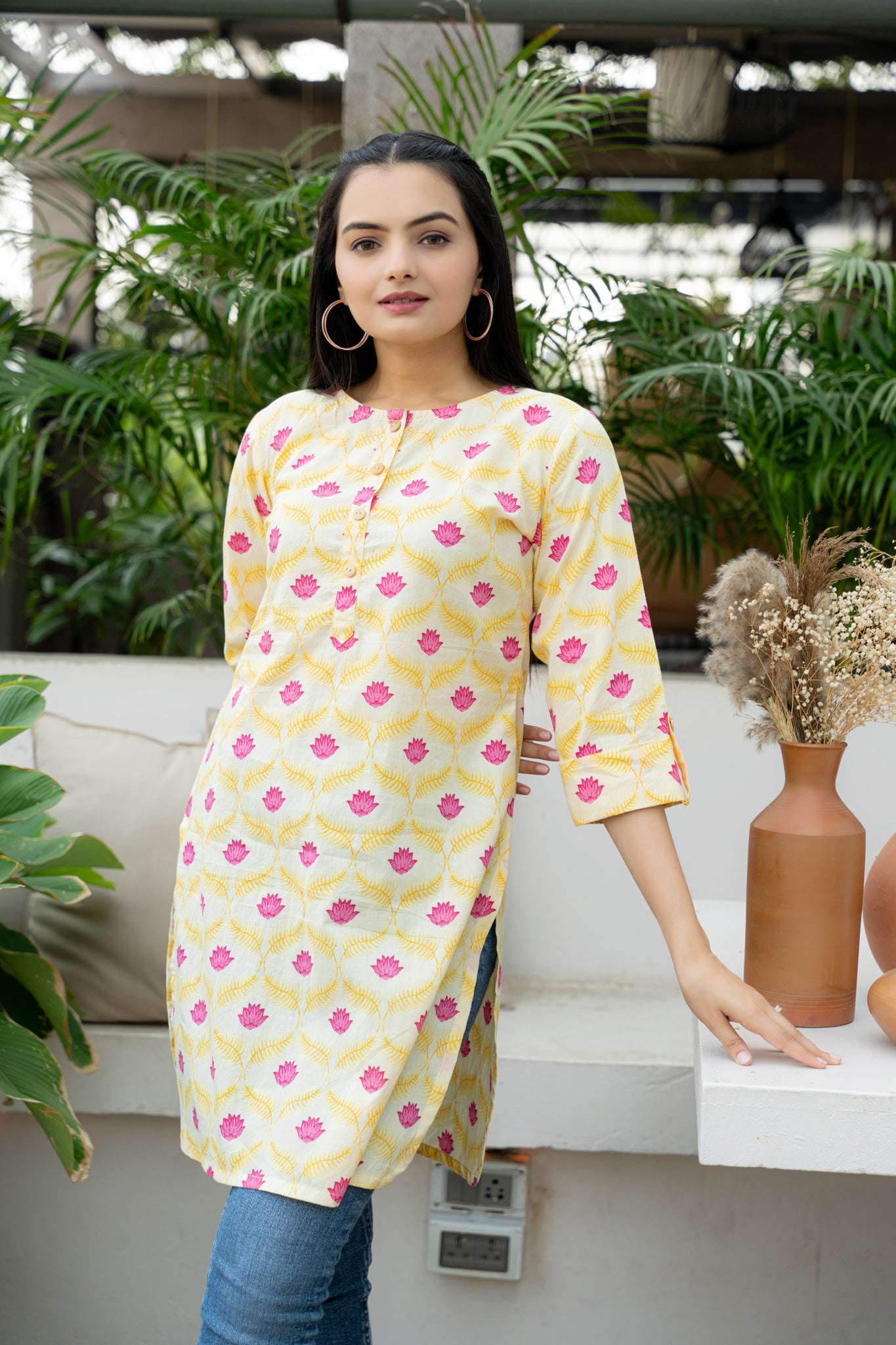 Weavllite Women's Yellow Cotton Floral Print Tunic