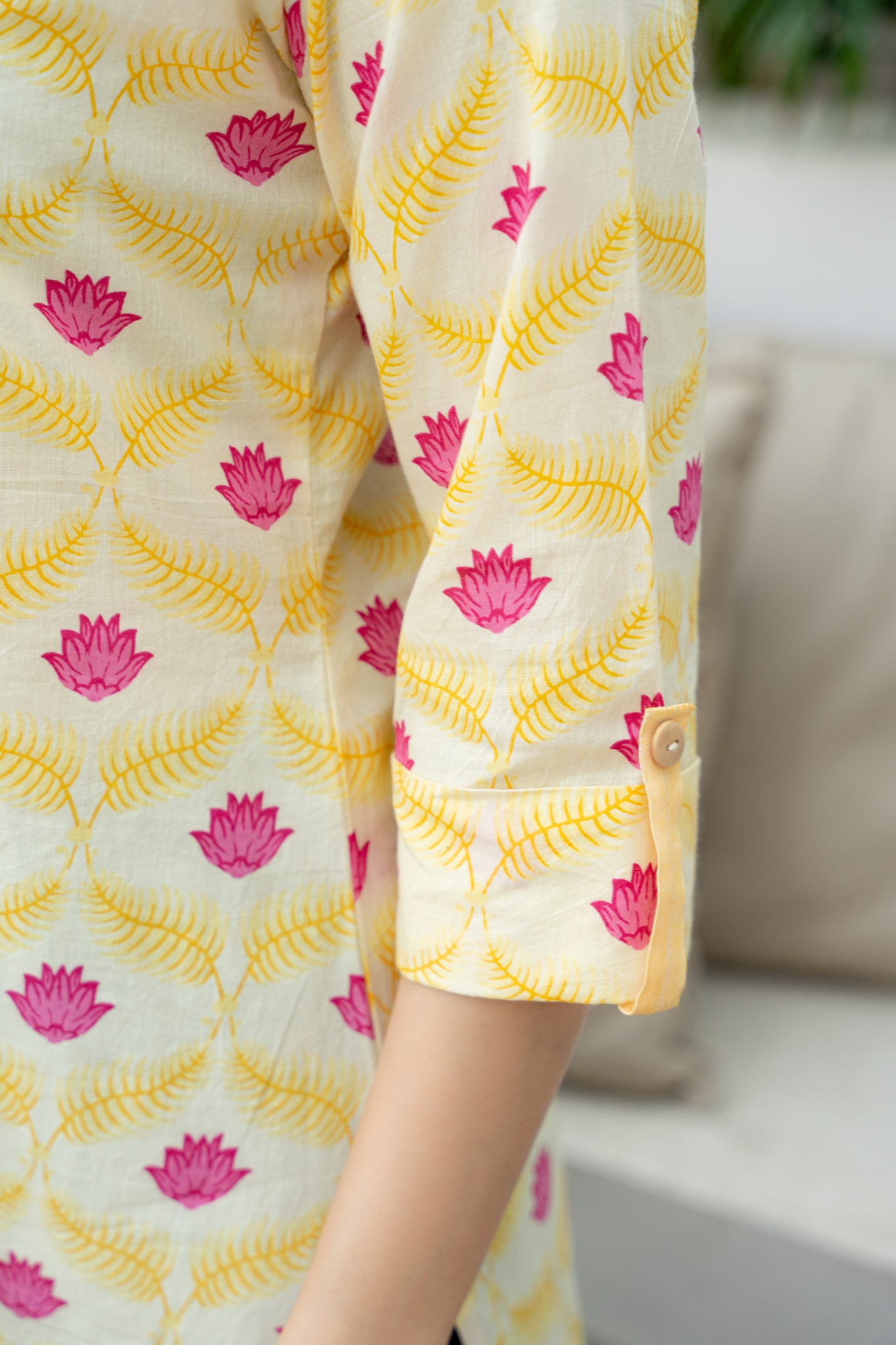 Weavllite Women's Yellow Cotton Floral Print Tunic