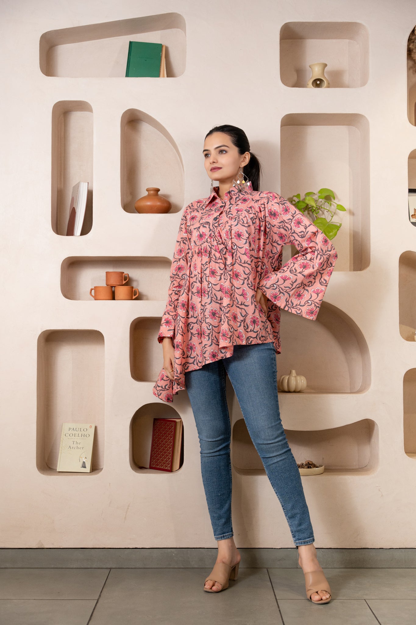 Weavllite Women's Peach Cotton Floral Print Tunic