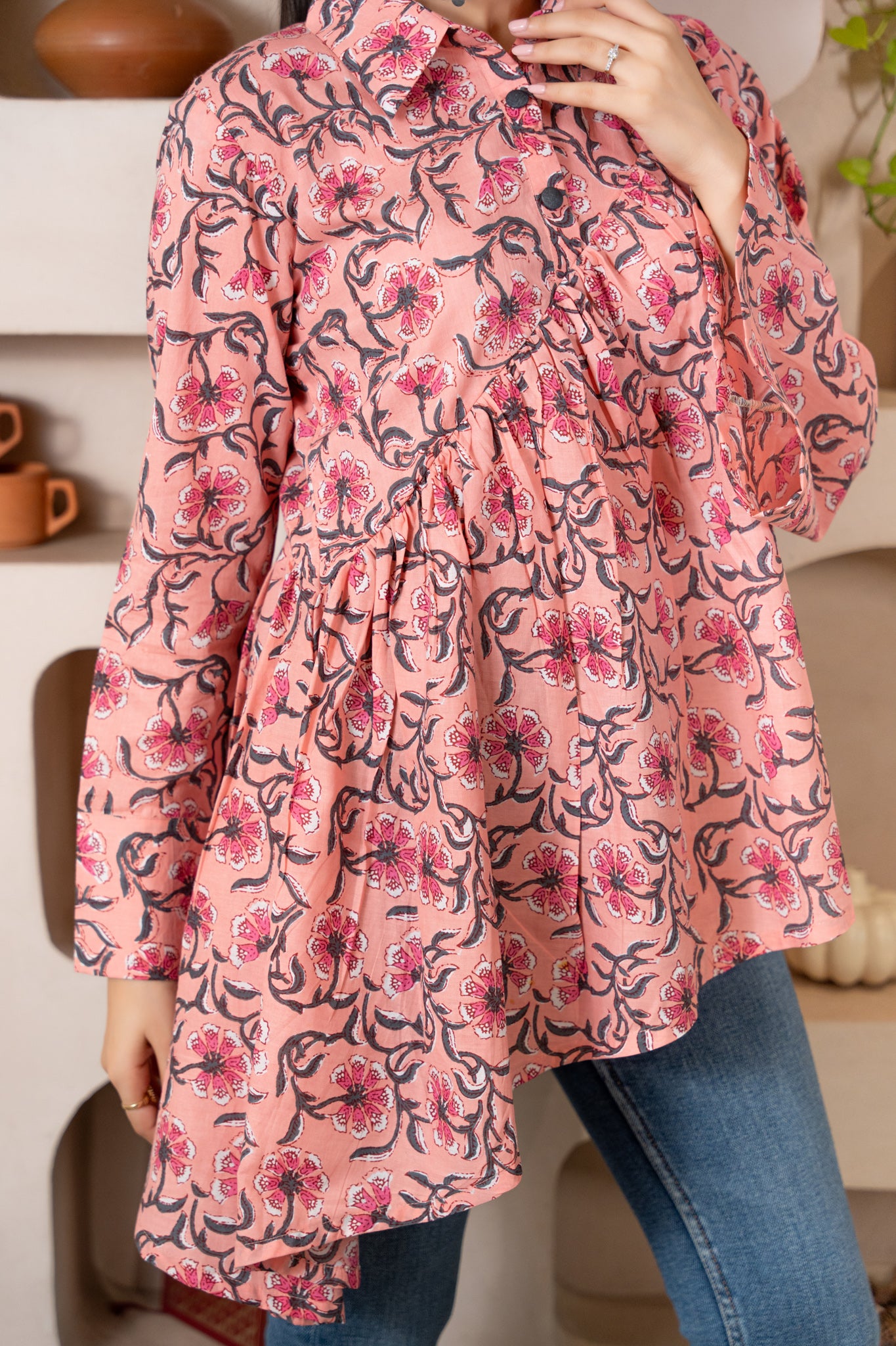 Weavllite Women's Peach Cotton Floral Print Tunic