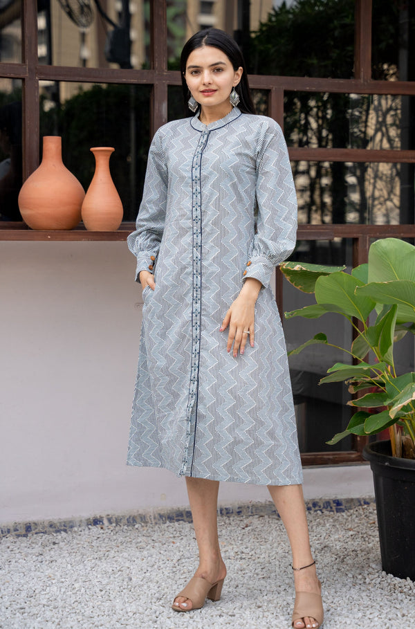 Blue  Pure Cambric Cotton Printed Dress