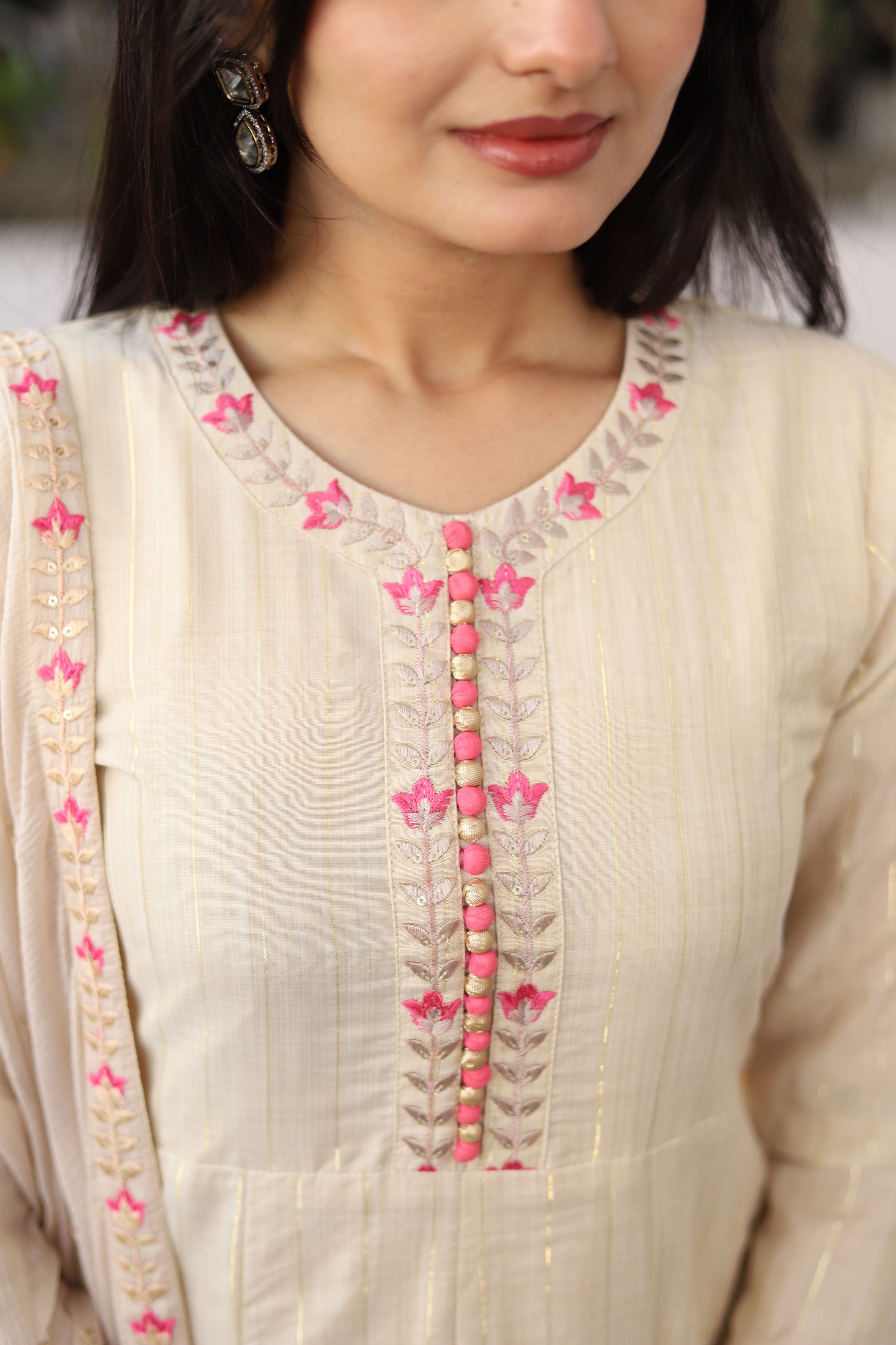 Cream  Silk Blend Embroidered Kurta Set