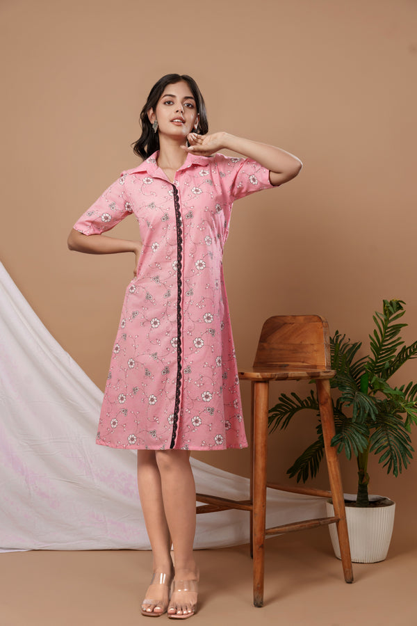 Weavllite Pink Cotton Printed Dress