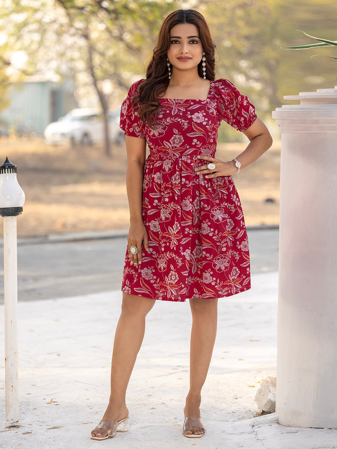 Red Sanganeri Cotton Printed Dress