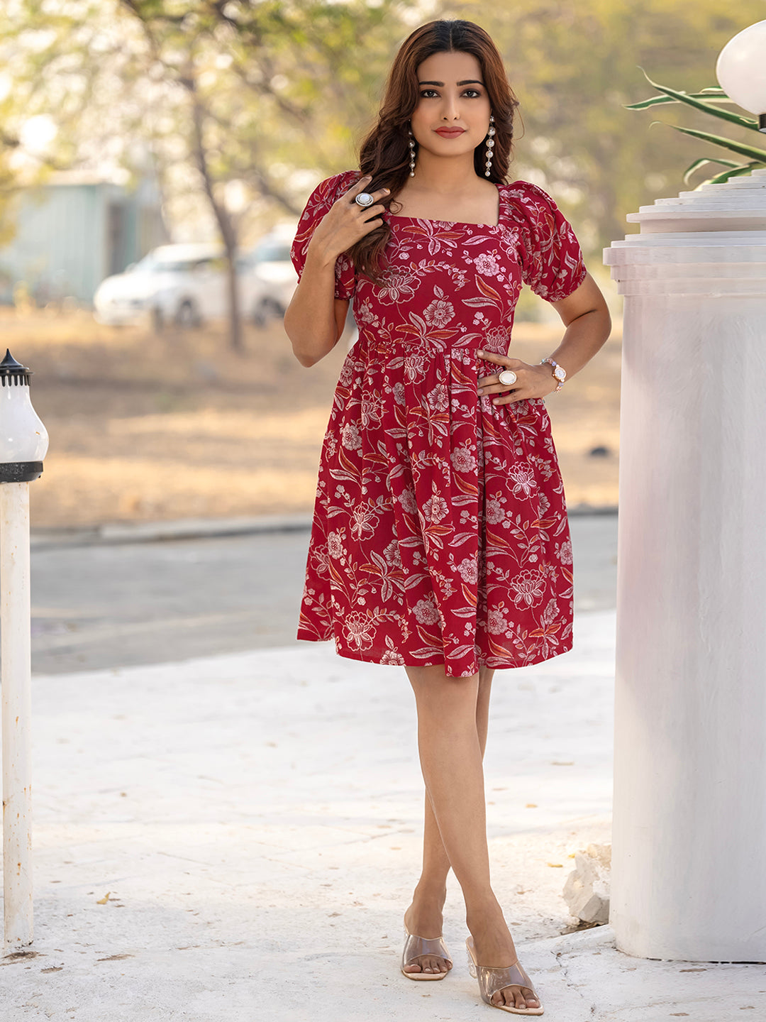 Red Sanganeri Cotton Printed Dress