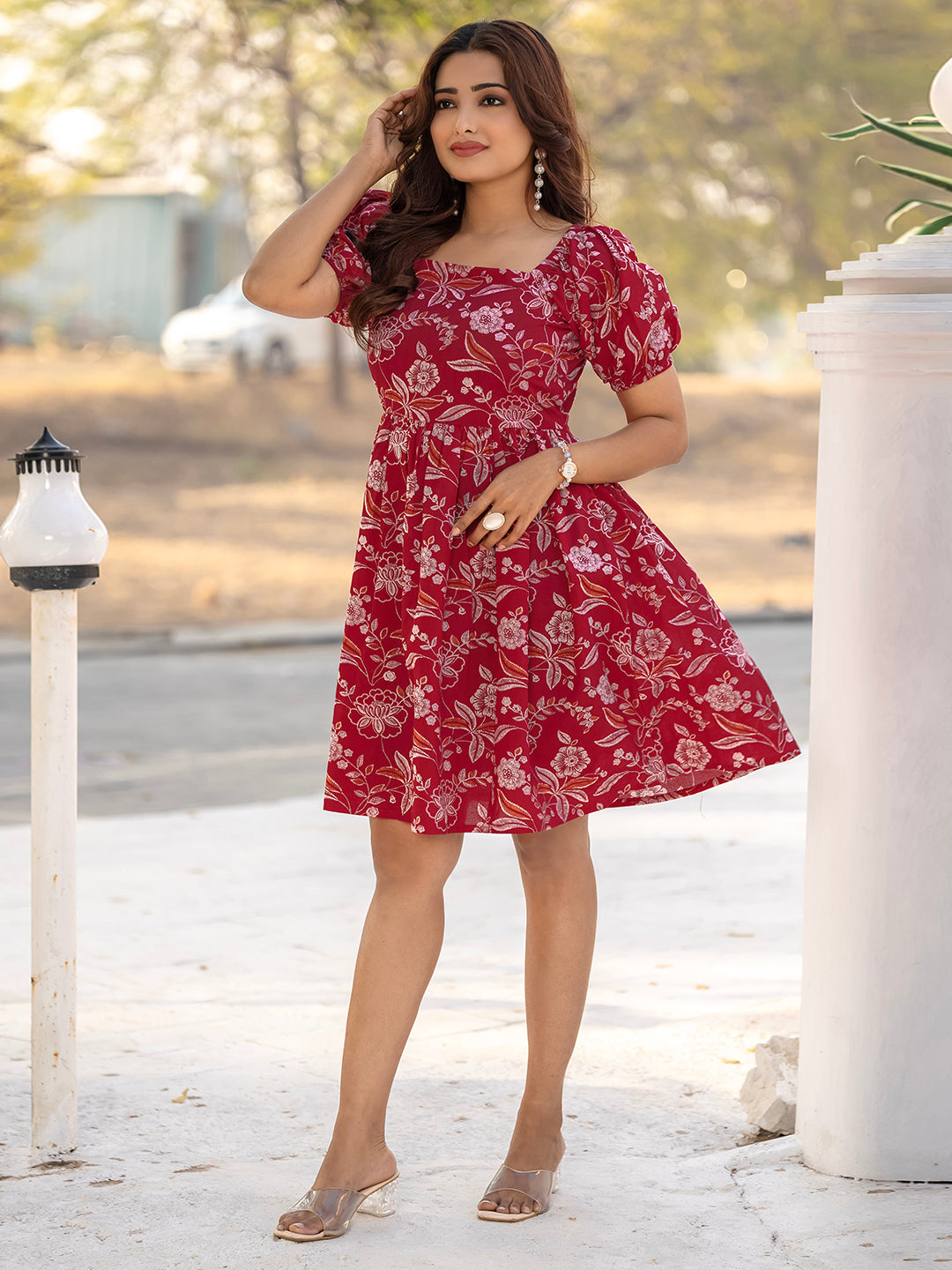 Red Sanganeri Cotton Printed Dress