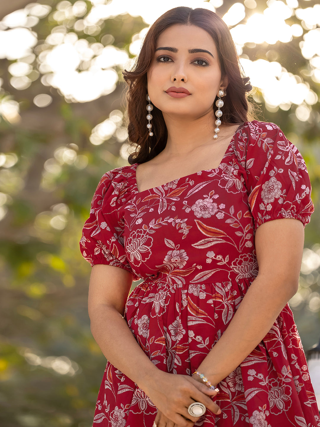 Red Sanganeri Cotton Printed Dress