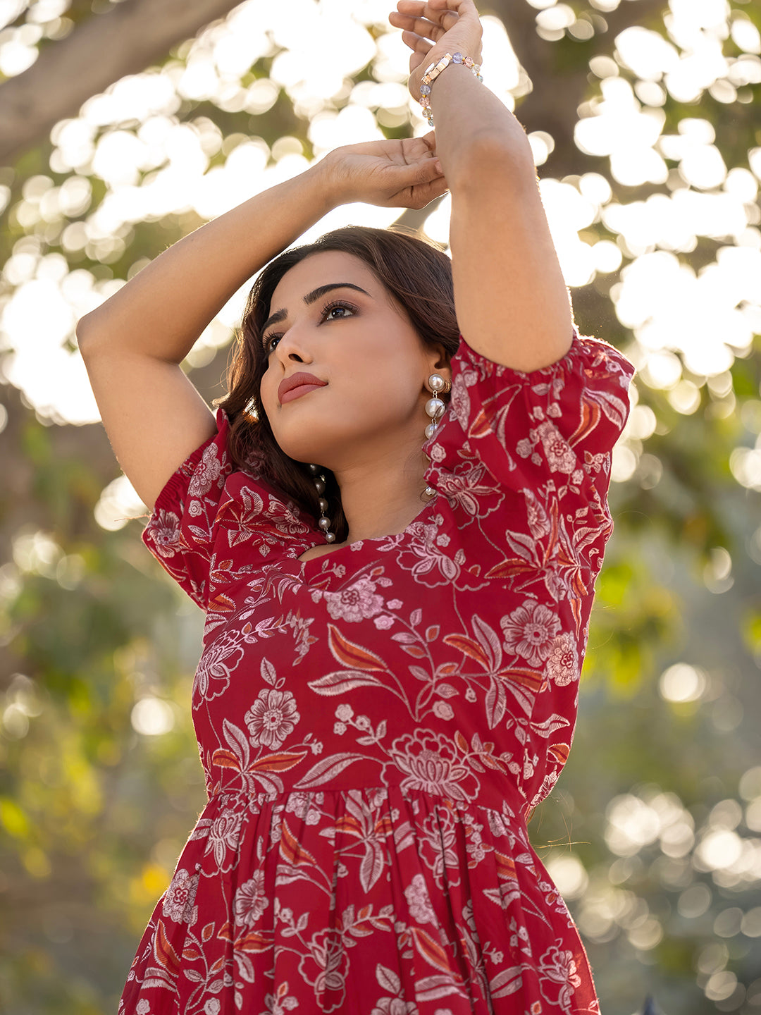 Red Sanganeri Cotton Printed Dress