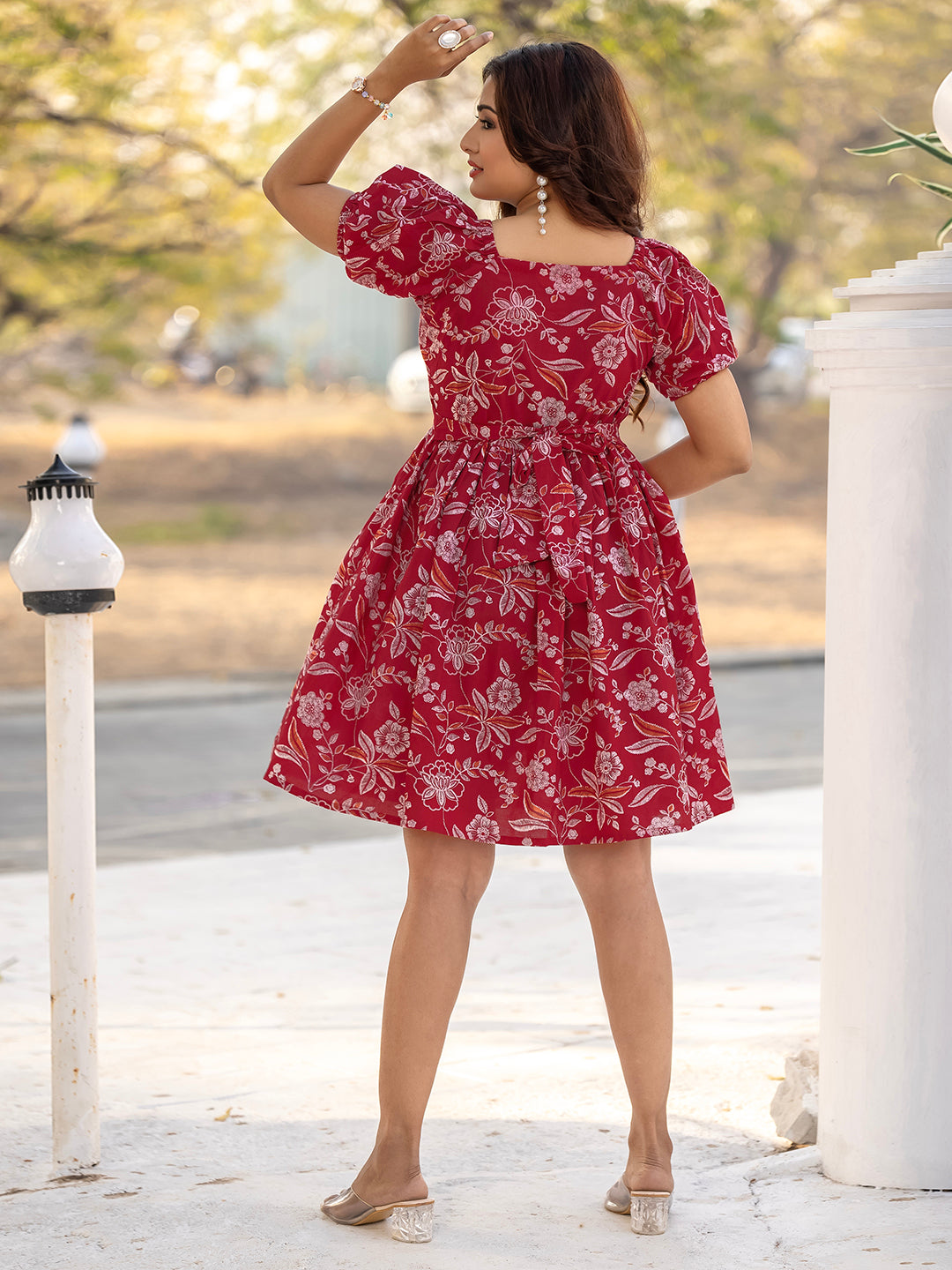 Red Sanganeri Cotton Printed Dress