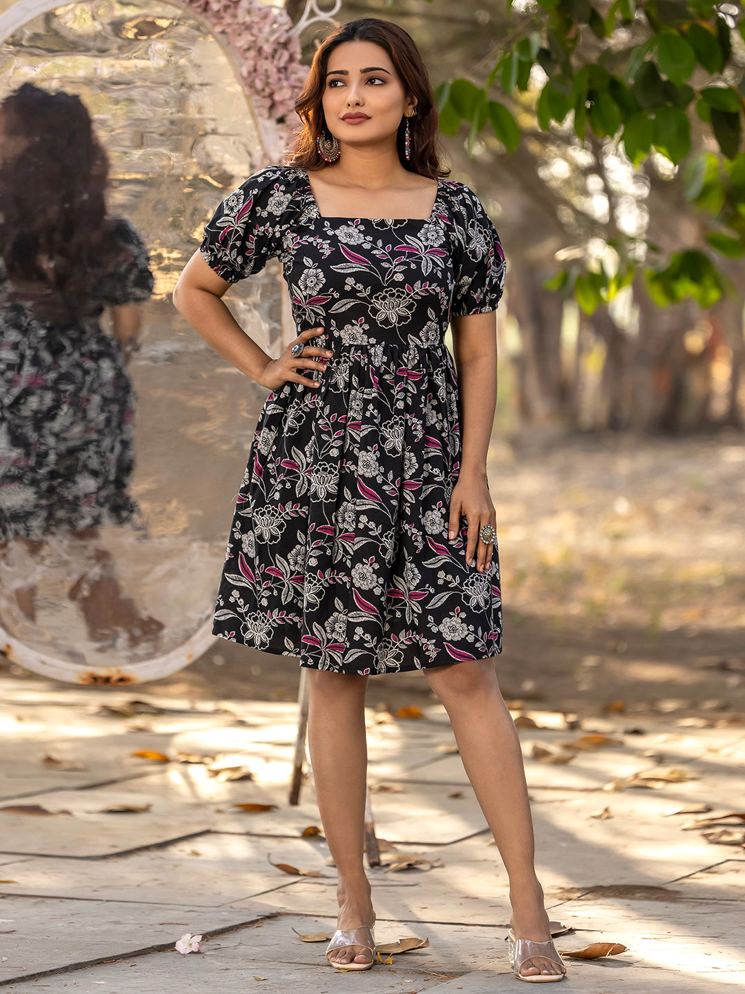 Black Sanganeri Cotton Printed Dress
