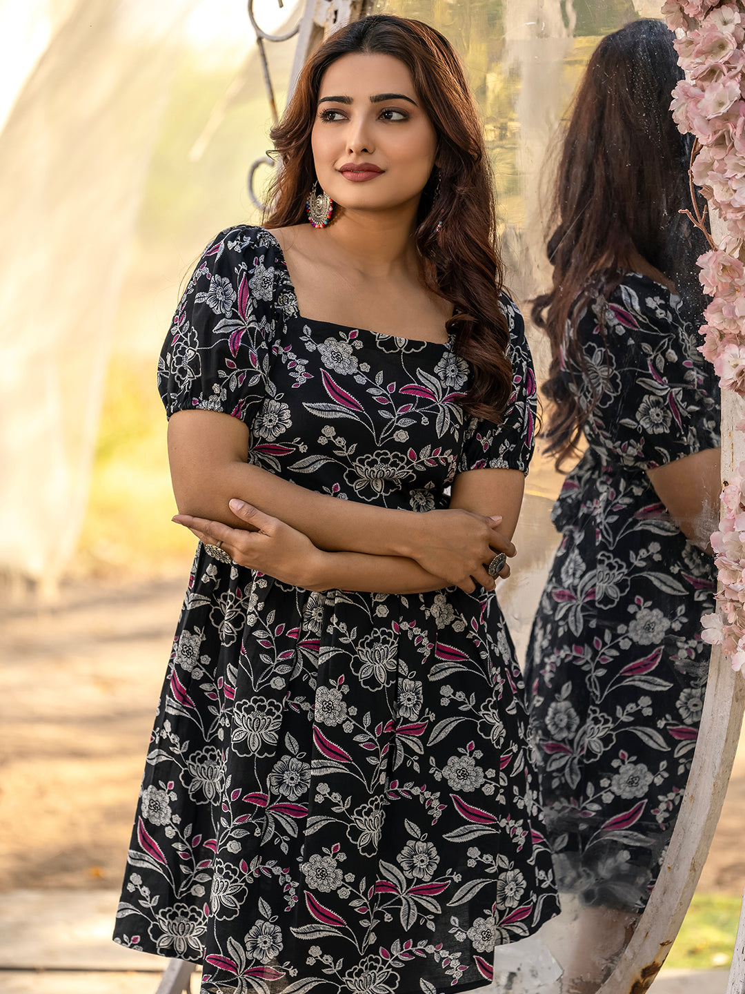 Black Sanganeri Cotton Printed Dress