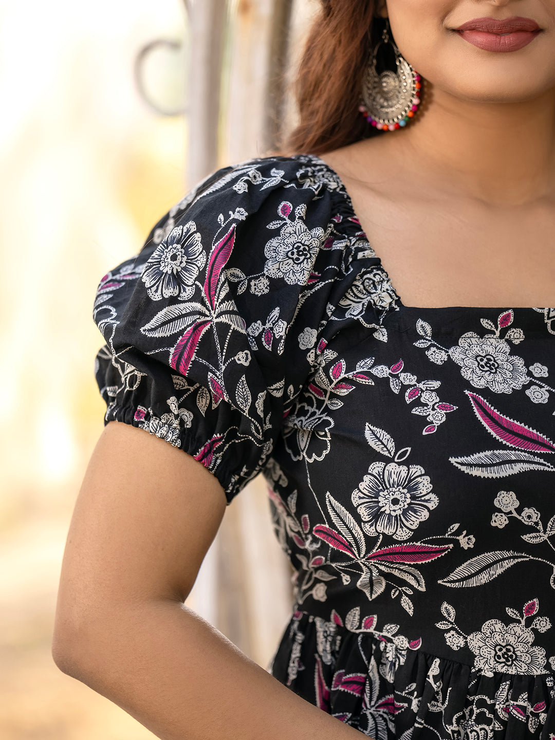 Black Sanganeri Cotton Printed Dress