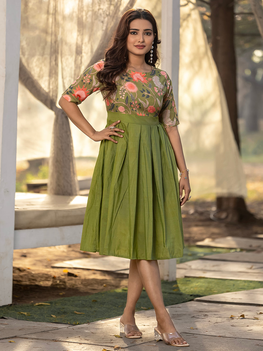 Green Viscose Rayon Foral Dress