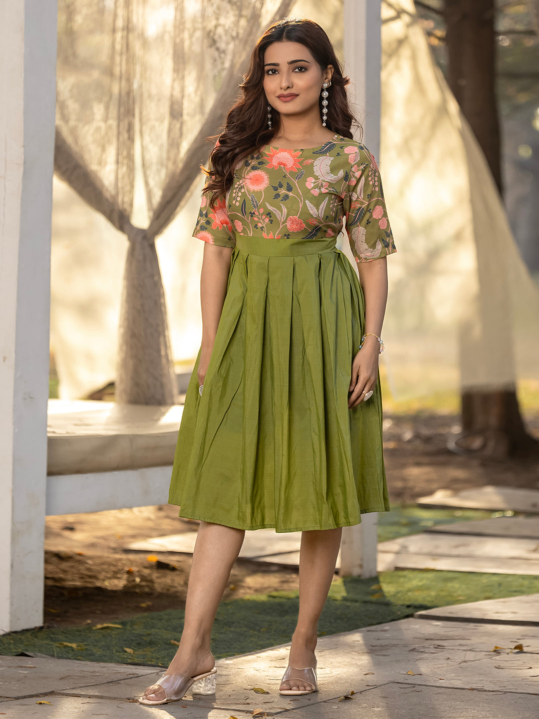 Green Viscose Rayon Foral Dress