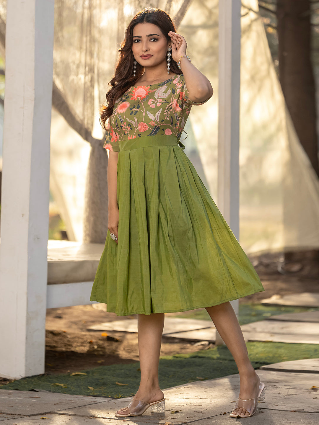 Green Viscose Rayon Foral Dress