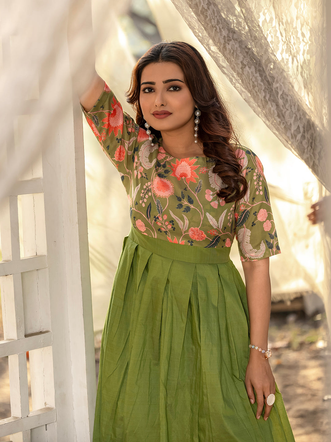 Green Viscose Rayon Foral Dress