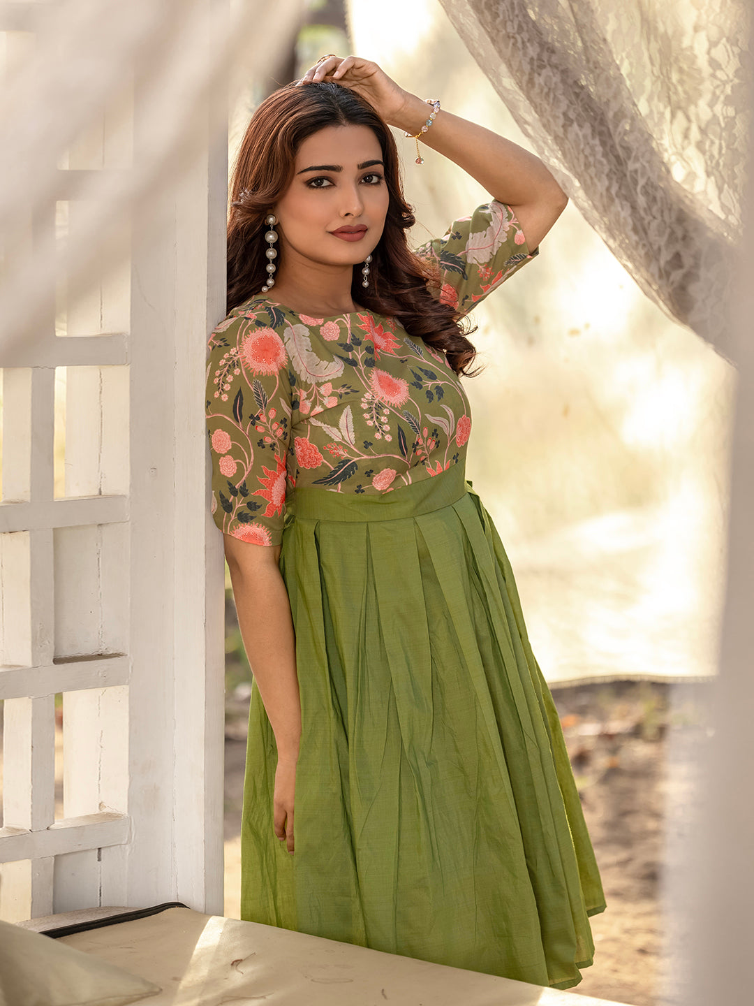 Green Viscose Rayon Foral Dress