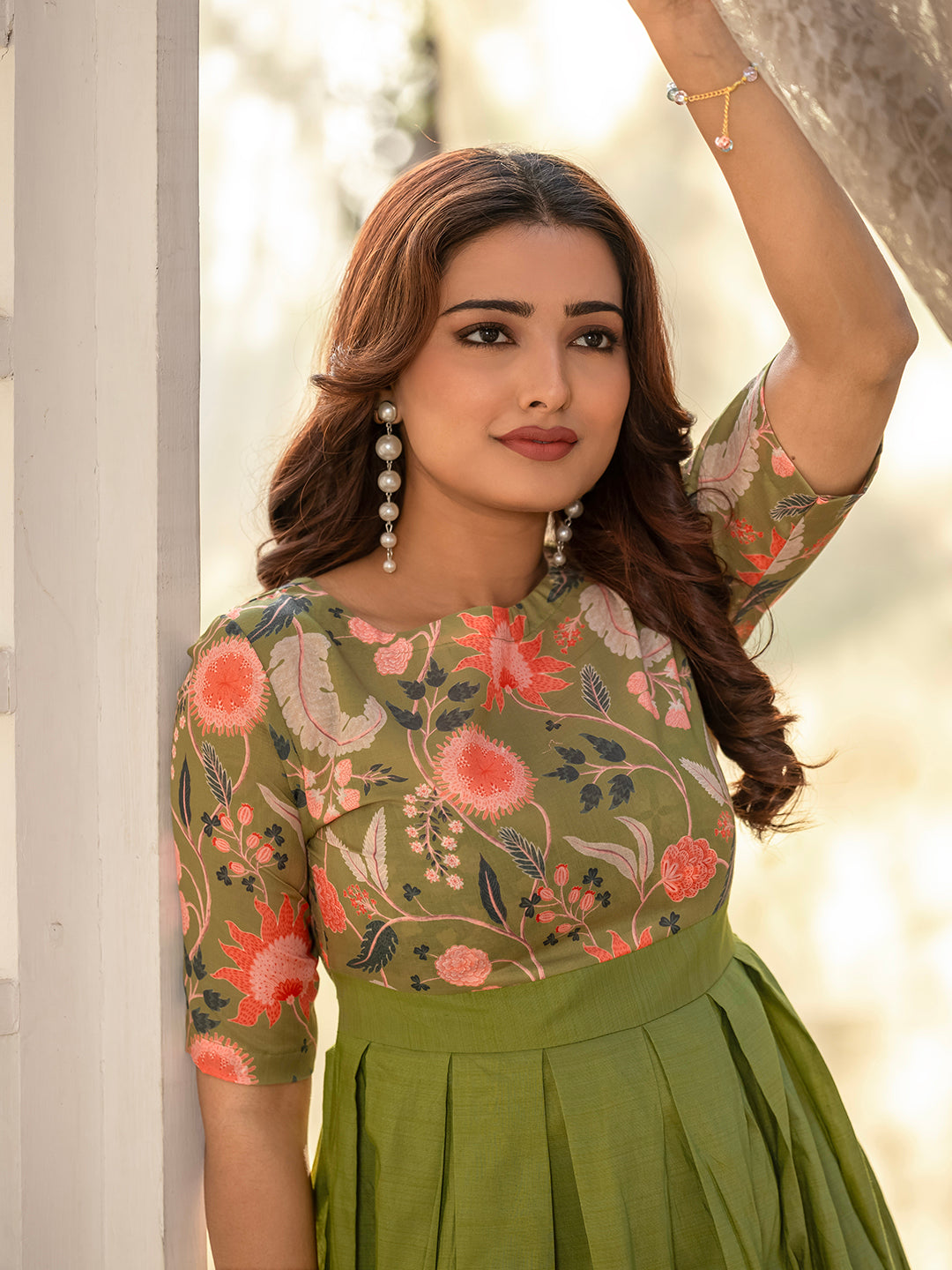 Green Viscose Rayon Foral Dress