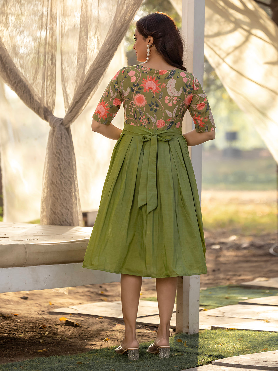 Green Viscose Rayon Foral Dress