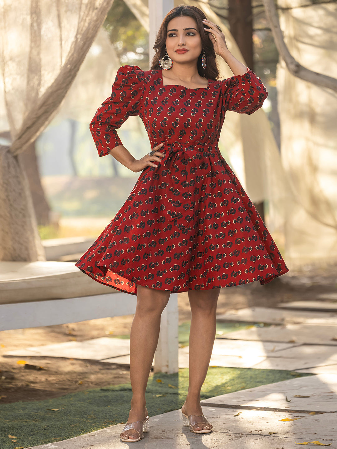 Maroon Sanganeri Cotton Blockprinted Dress