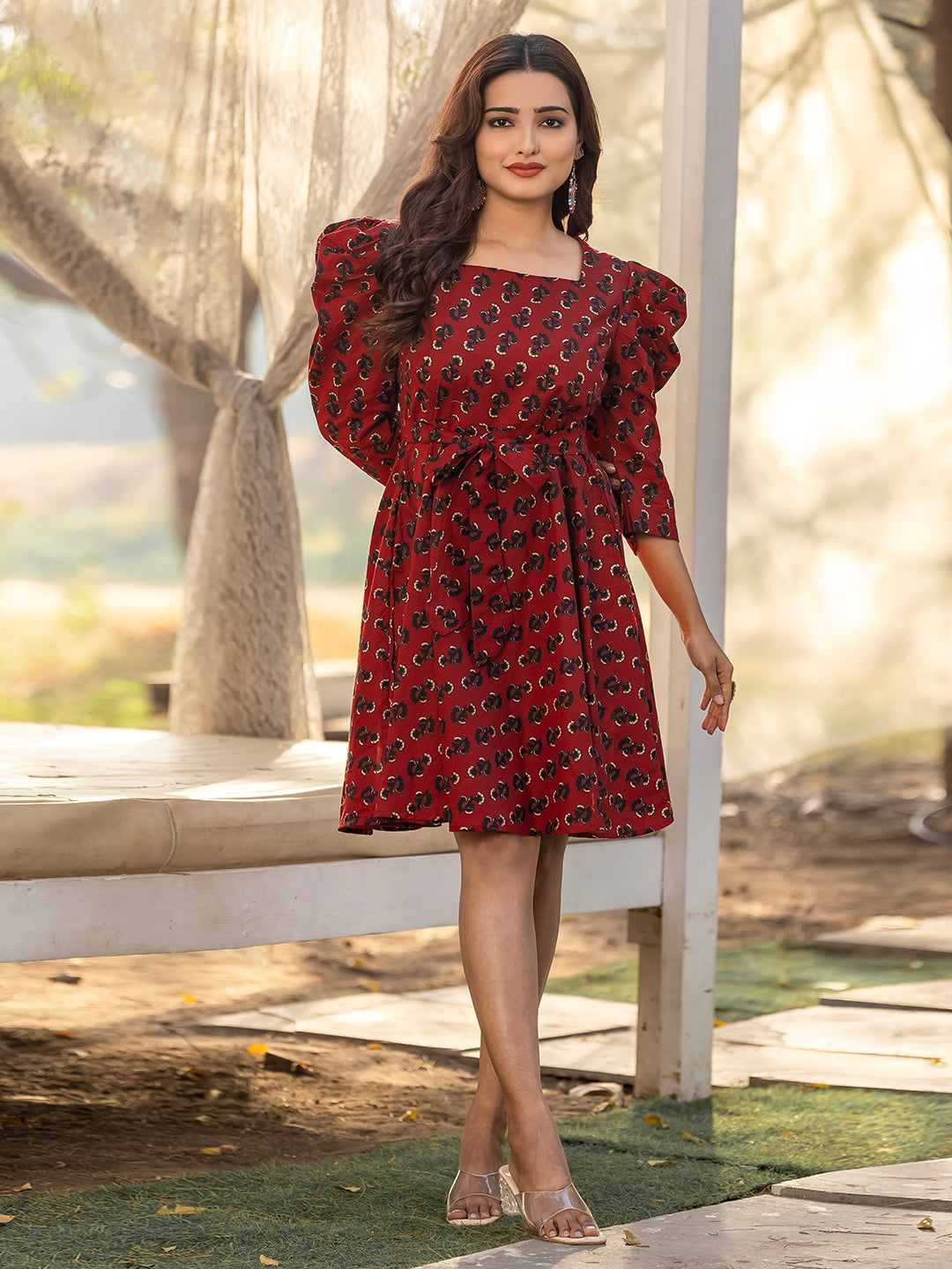 Maroon Sanganeri Cotton Blockprinted Dress