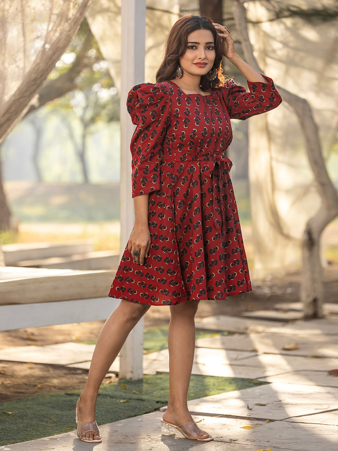 Maroon Sanganeri Cotton Blockprinted Dress
