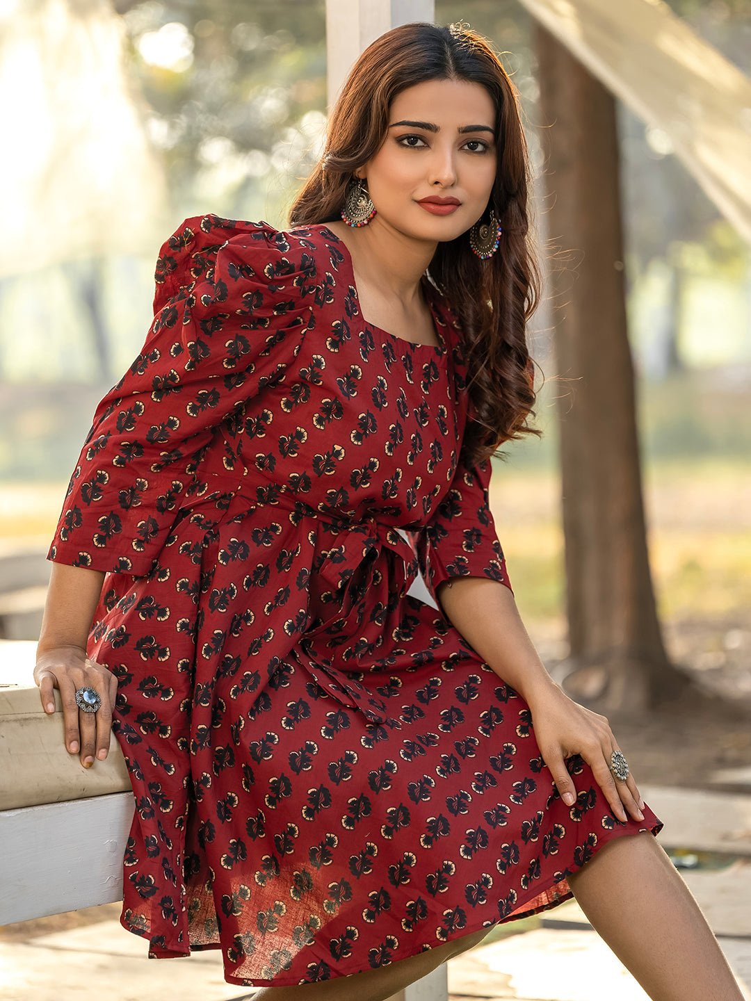 Maroon Sanganeri Cotton Blockprinted Dress