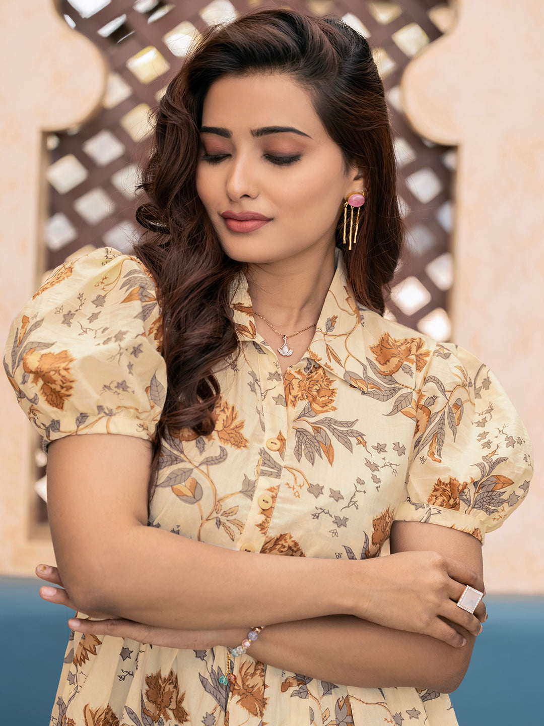 Cream Sanganeri Cotton Blockprinted Dress