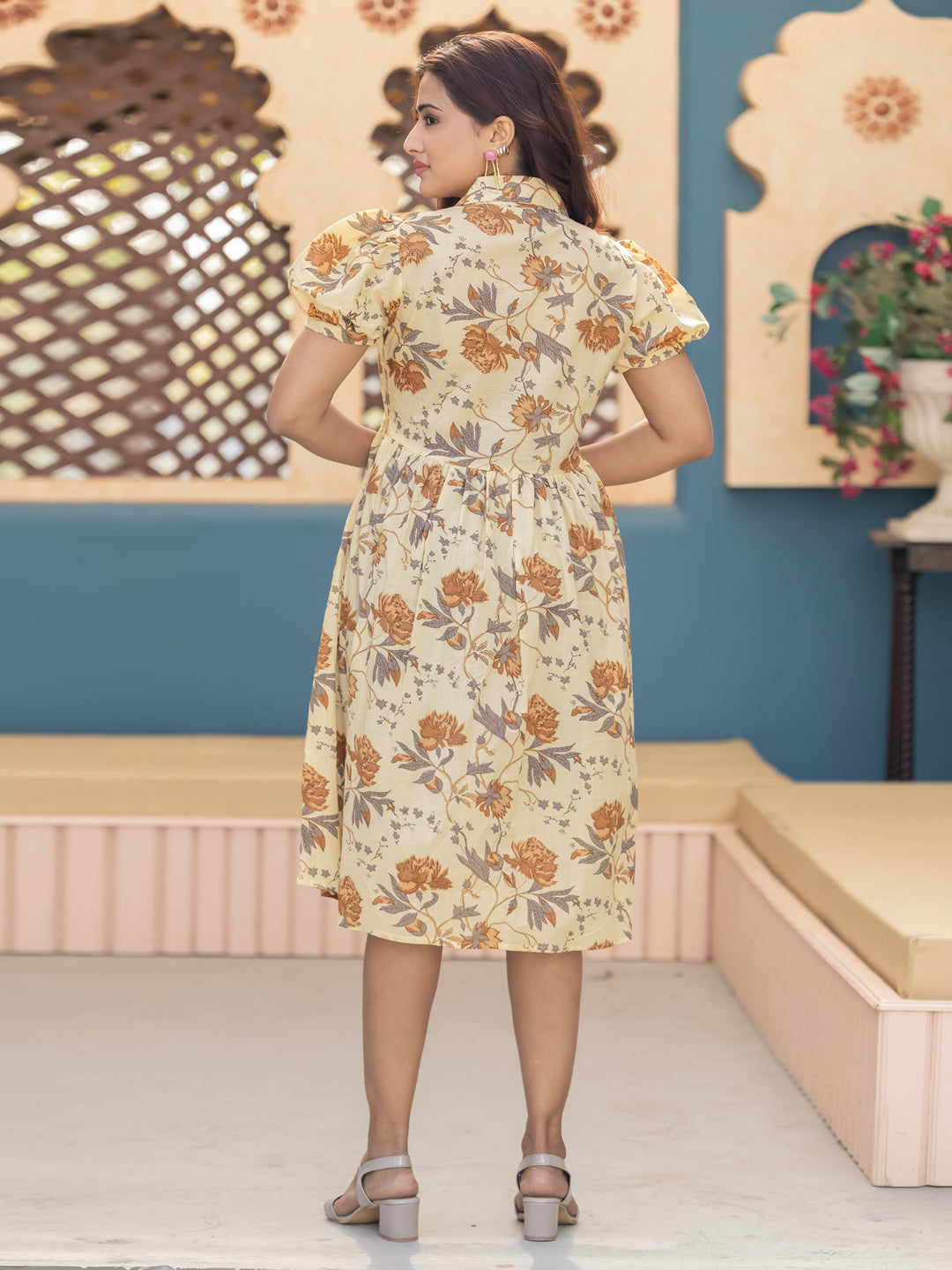 Cream Sanganeri Cotton Blockprinted Dress