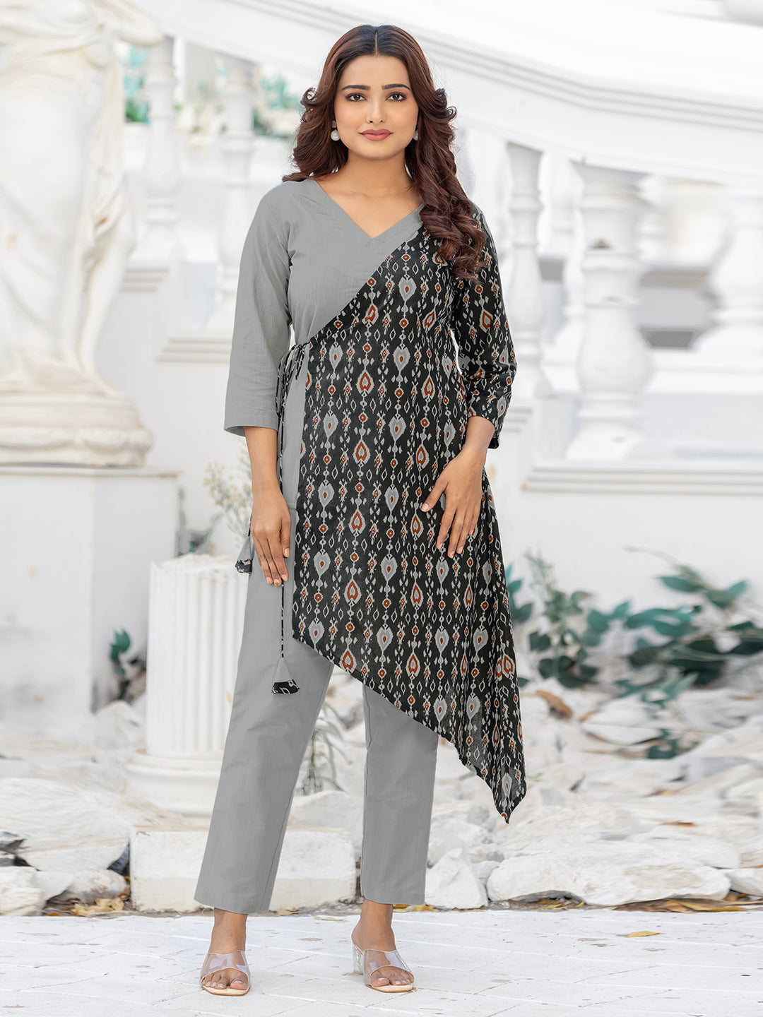 Grey & Black Viscose & Cotton PrintedCo-ord set