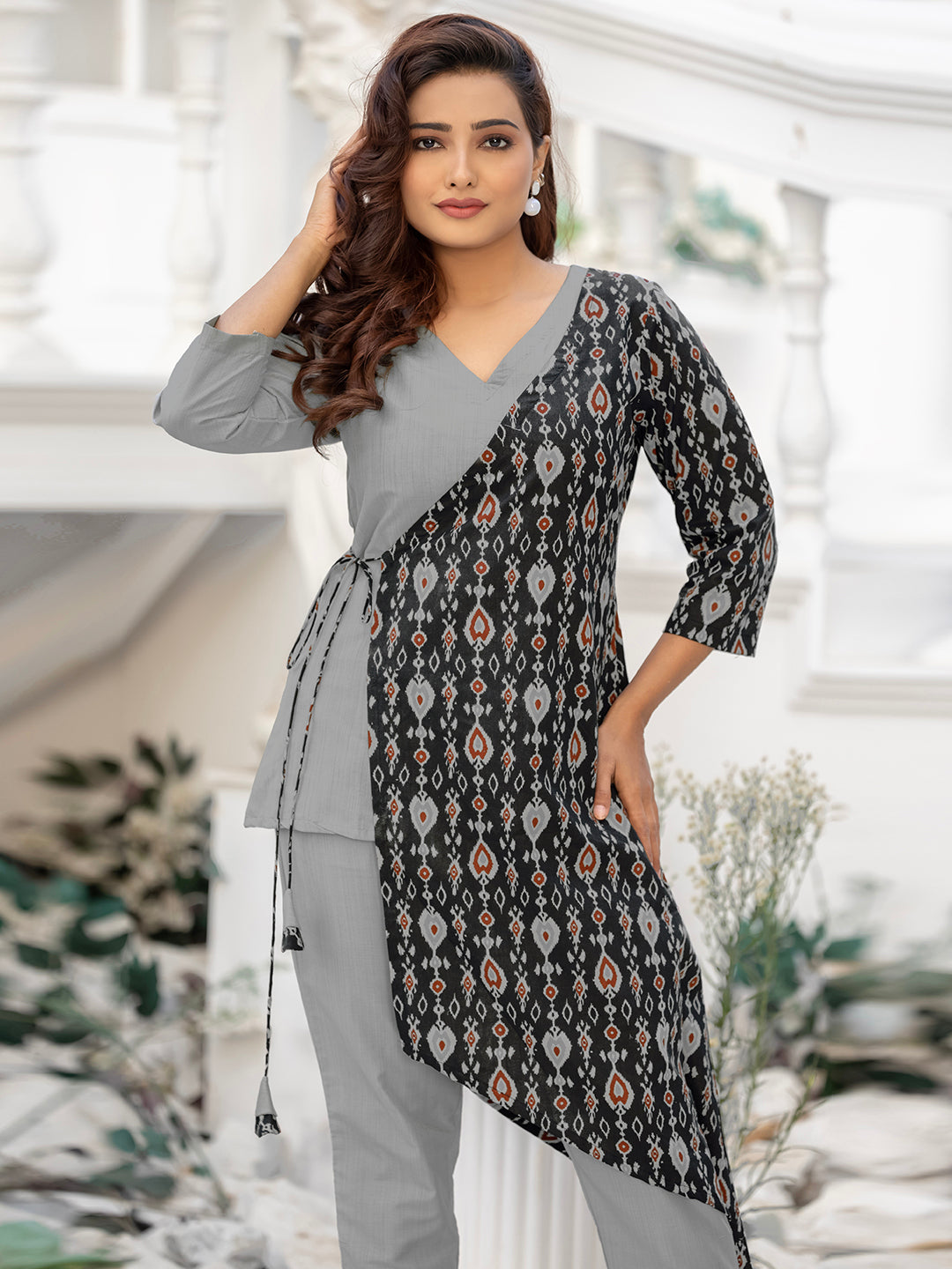 Grey & Black Viscose & Cotton PrintedCo-ord set