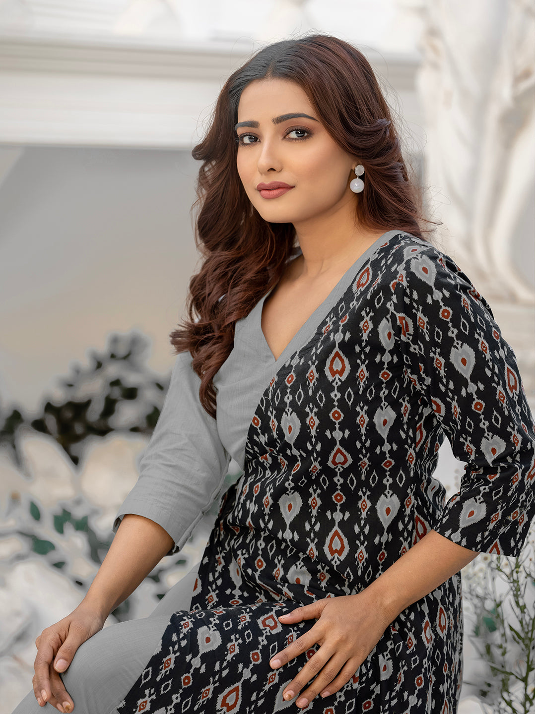 Grey & Black Viscose & Cotton PrintedCo-ord set