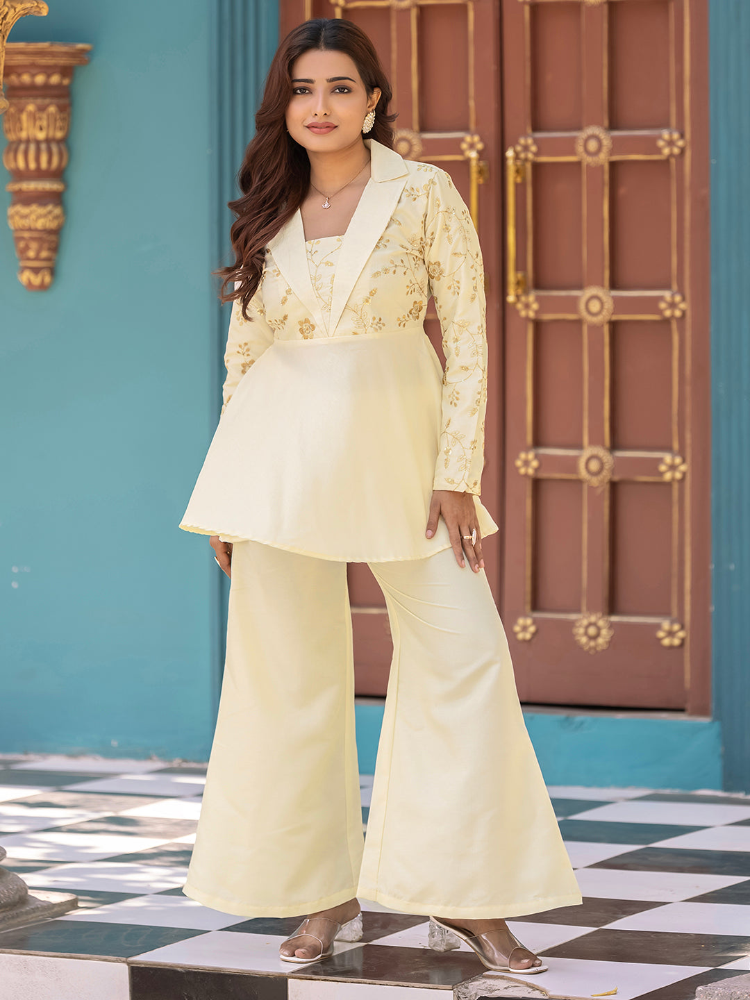 Creamy White Roman Silk EmbroideredCo-ord set