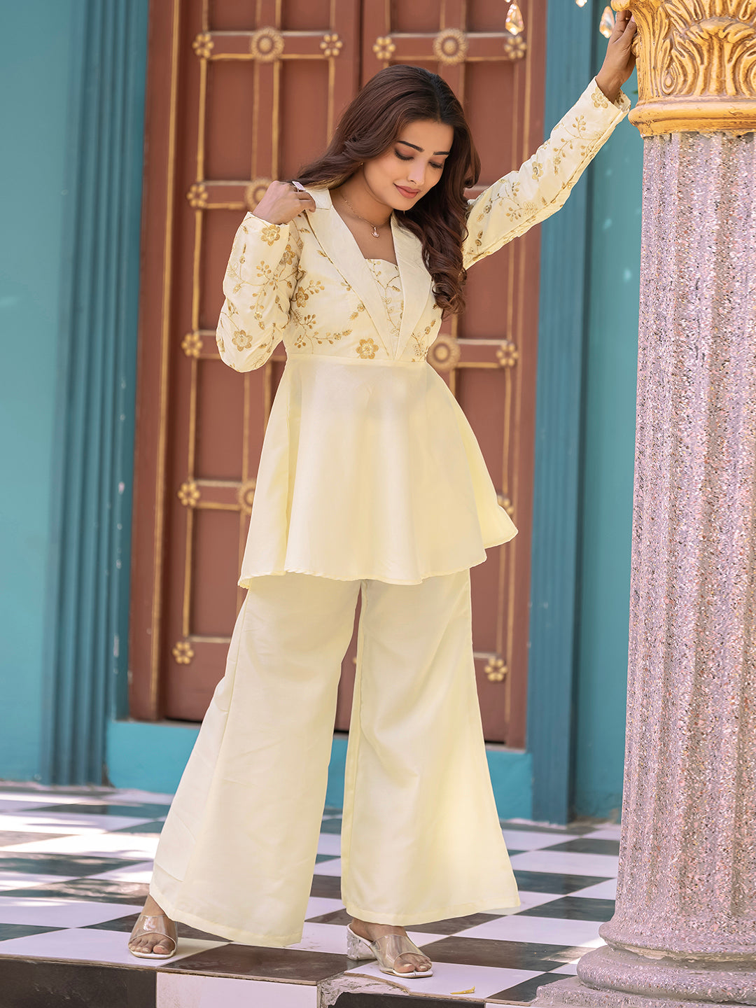 Creamy White Roman Silk EmbroideredCo-ord set