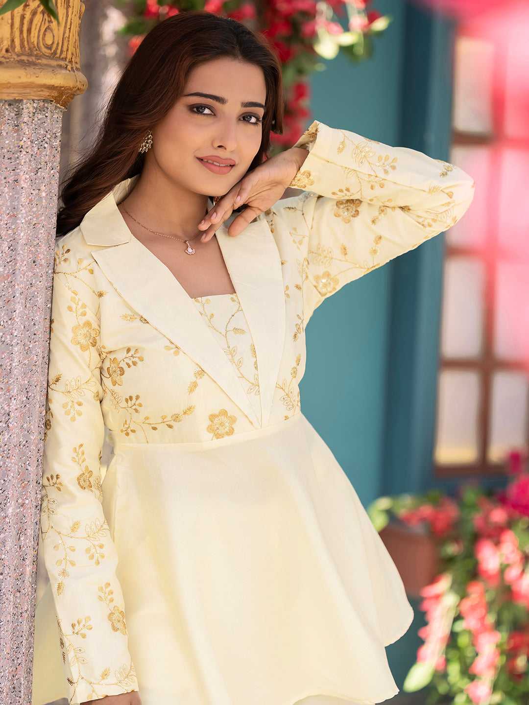 Creamy White Roman Silk EmbroideredCo-ord set