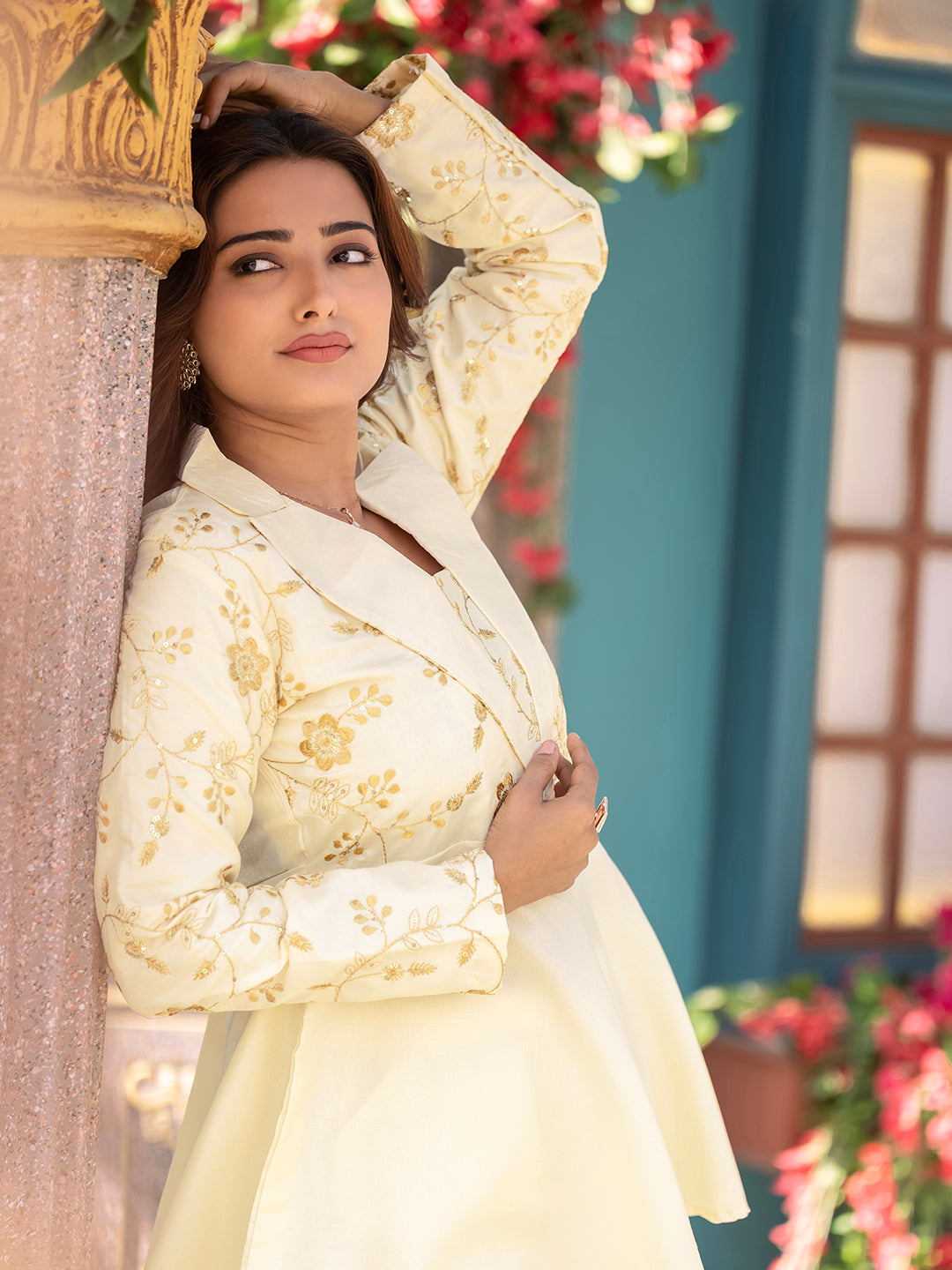 Creamy White Roman Silk EmbroideredCo-ord set