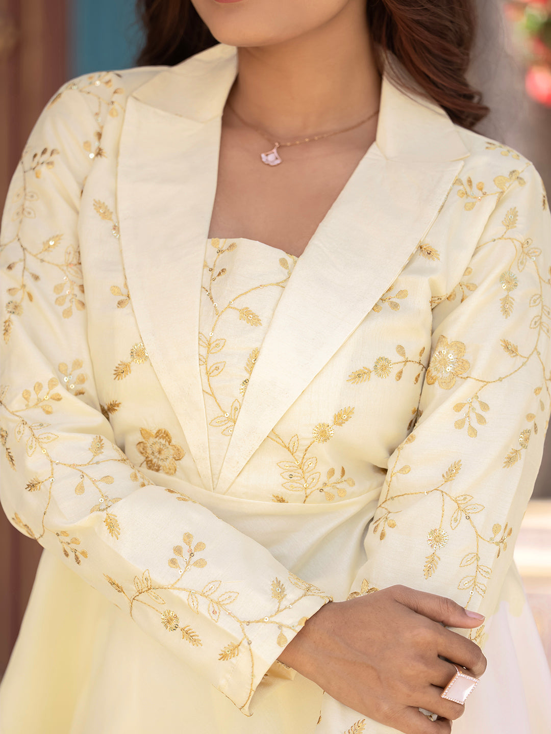 Creamy White Roman Silk EmbroideredCo-ord set