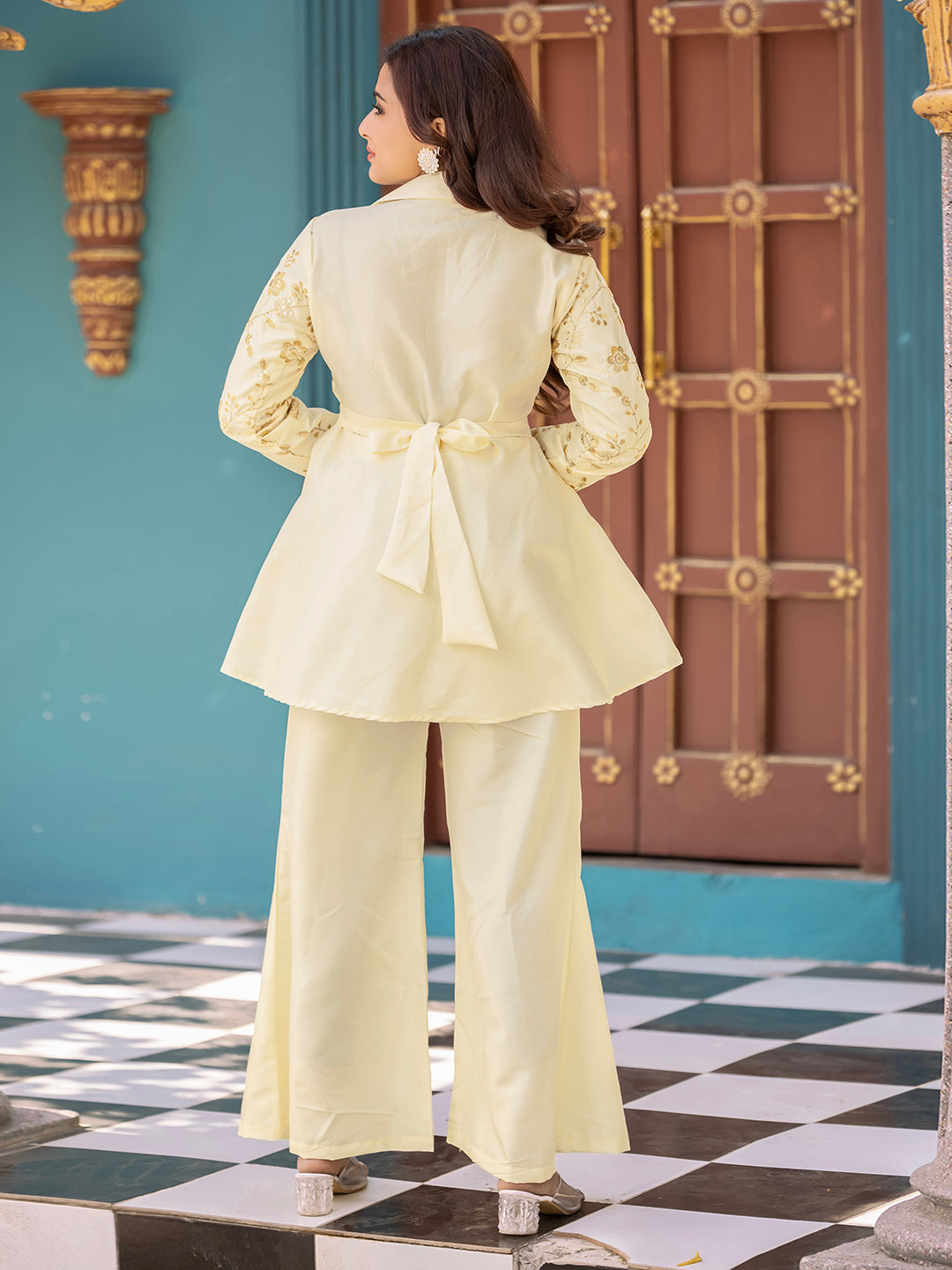 Creamy White Roman Silk EmbroideredCo-ord set