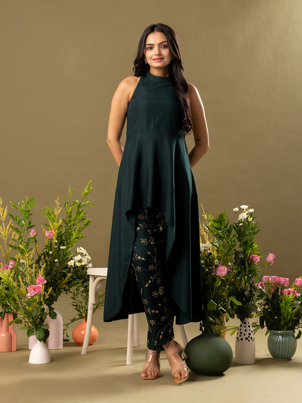 Green Rayon High Neck Kurta with Pant