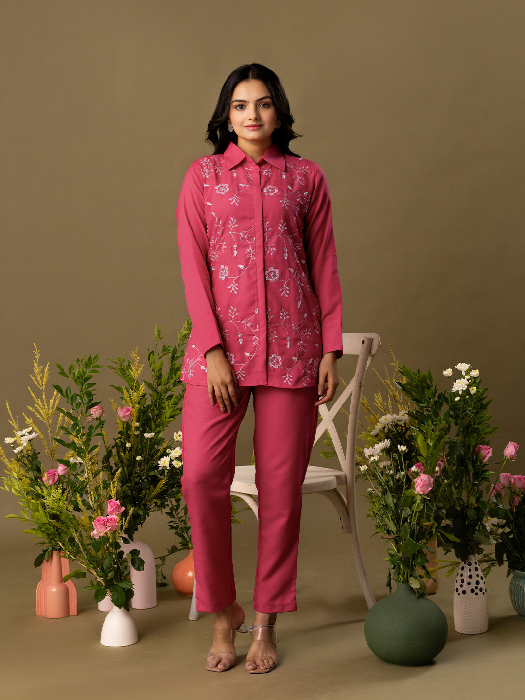 Floral Embroidered Long Sleeves Shirt & Trouser