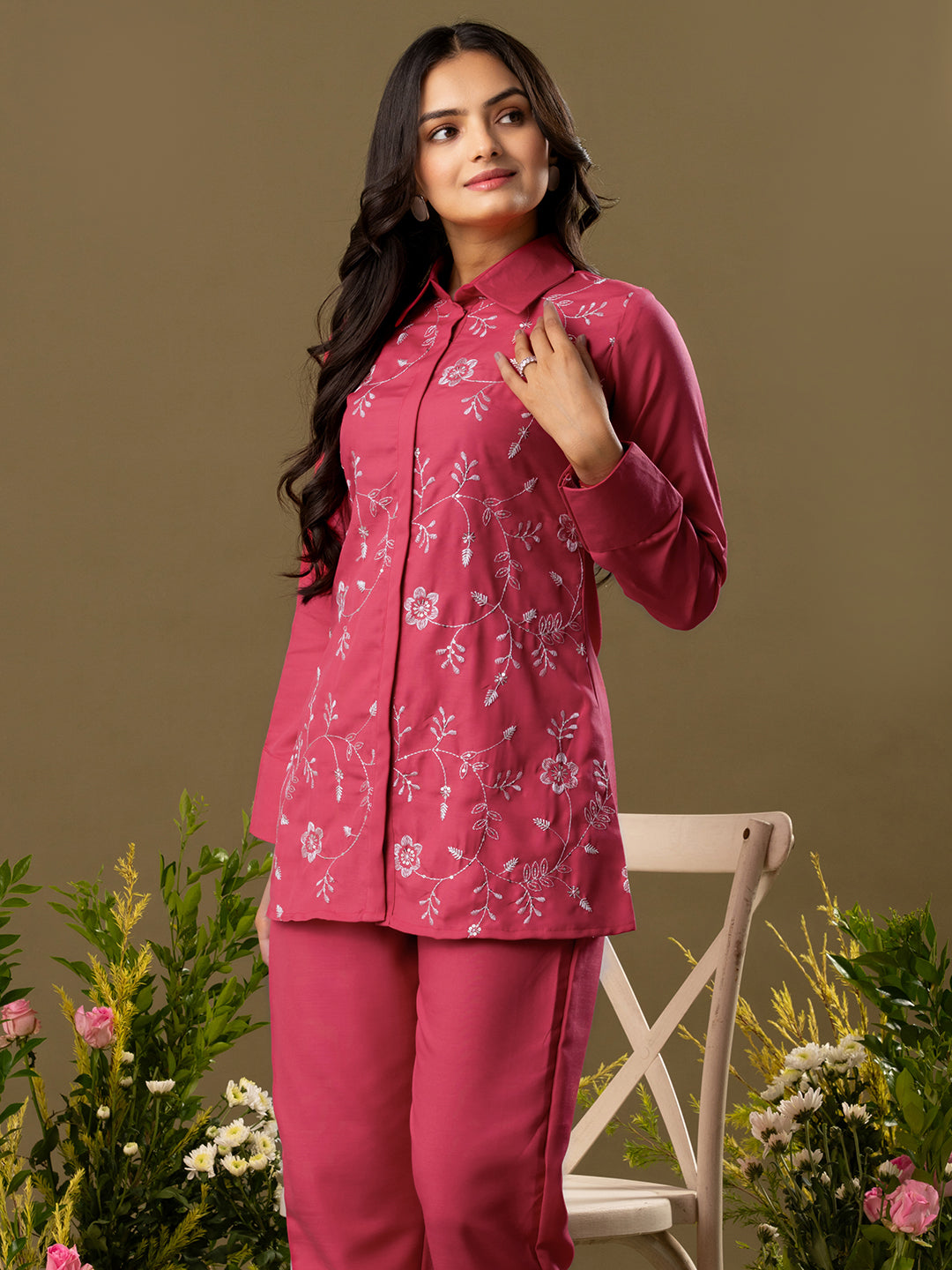 Floral Embroidered Long Sleeves Shirt & Trouser