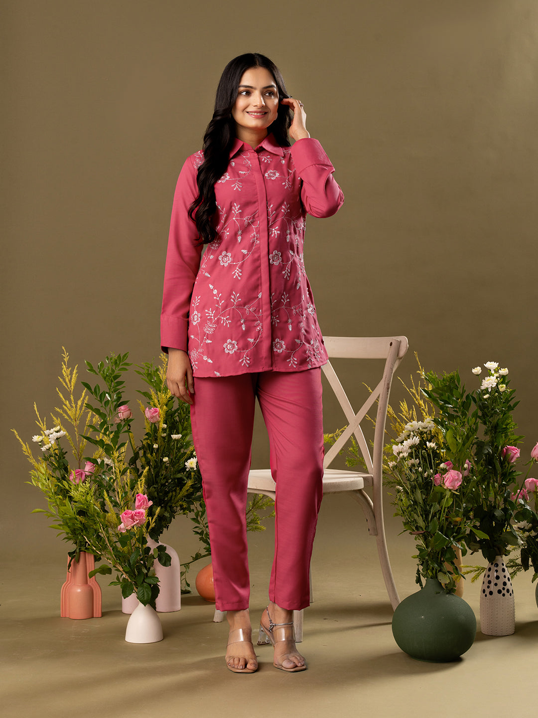 Floral Embroidered Long Sleeves Shirt & Trouser