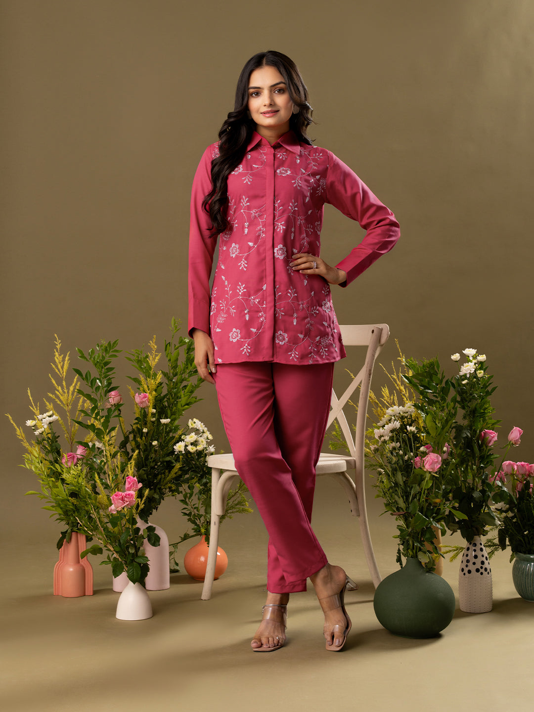Floral Embroidered Long Sleeves Shirt & Trouser
