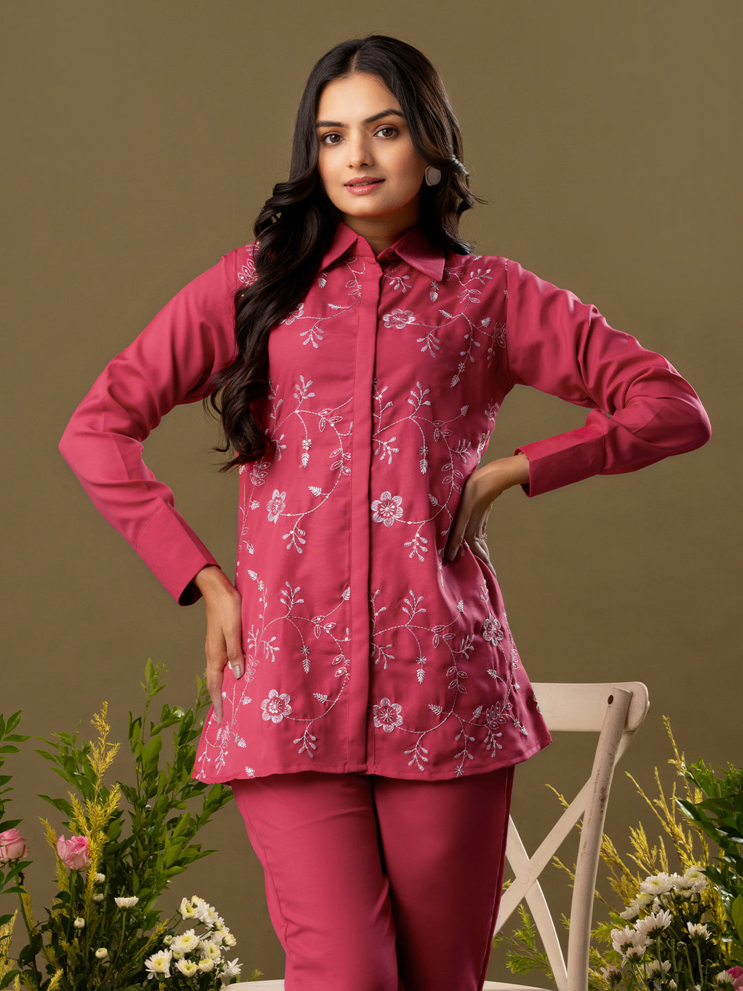 Floral Embroidered Long Sleeves Shirt & Trouser