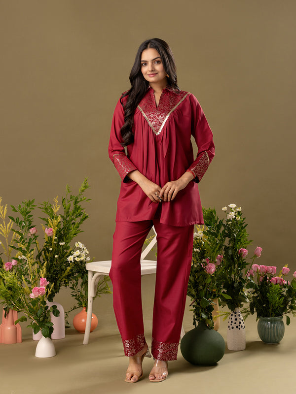 Yoke Design Shirt Collar Tunic With Trouser