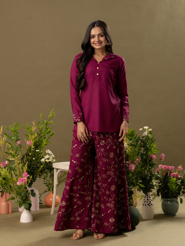 Embroidered Shirt Collar Top And Trouser