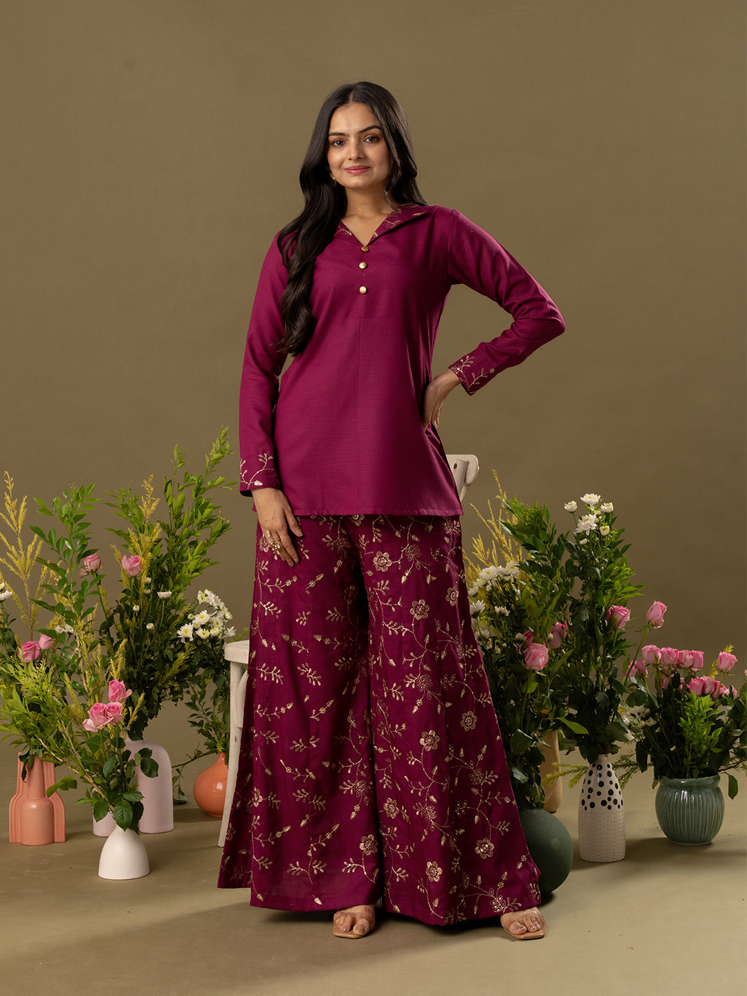 Embroidered Shirt Collar Top And Trouser