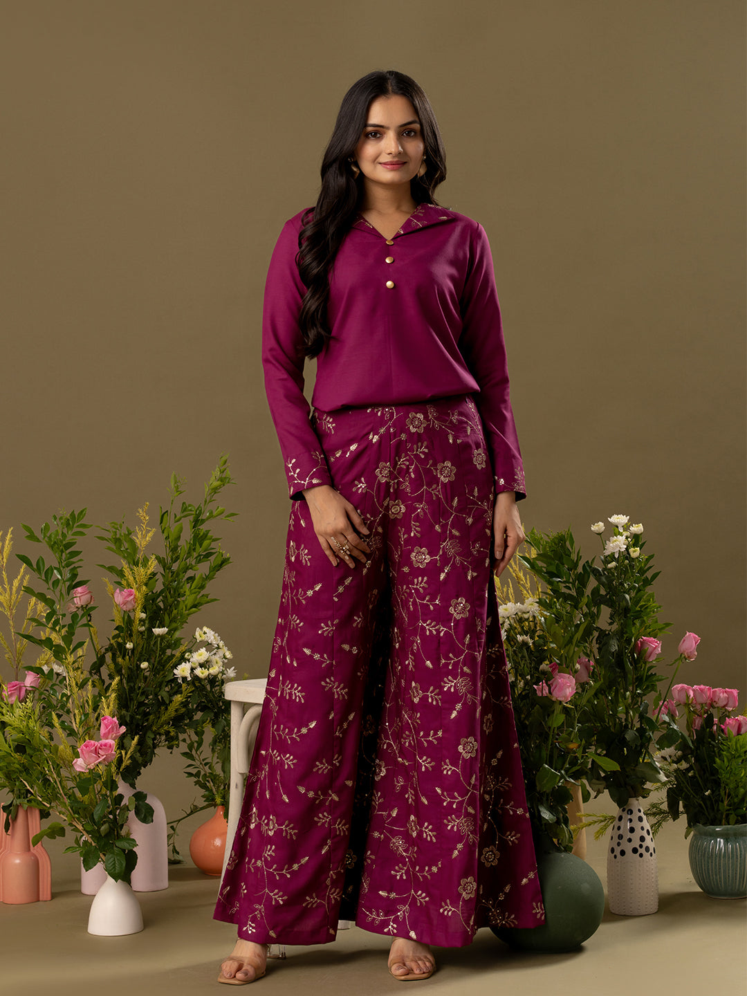 Embroidered Shirt Collar Top And Trouser